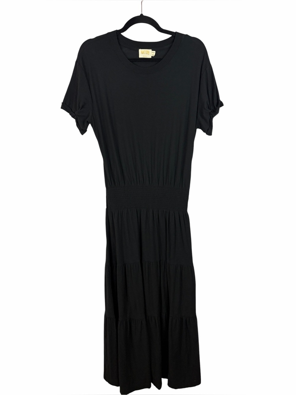 Nation LTD Black Pima Cotton Tiered Maxi Dress Smocked Waist Short Sleeves Small